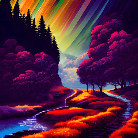 Beautiful Colorful Countryside and Cottage Illustrationの素材