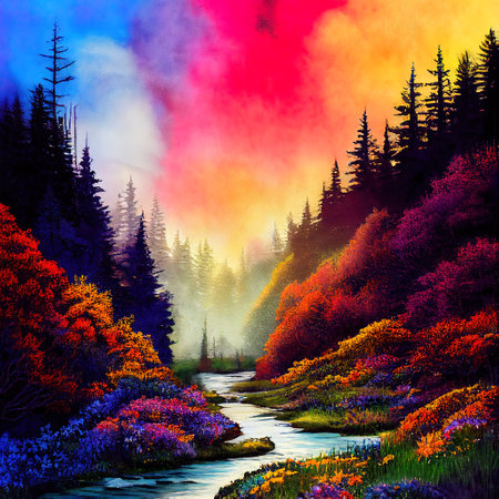 Beautiful Colorful Countryside and Cottage Illustrationの素材