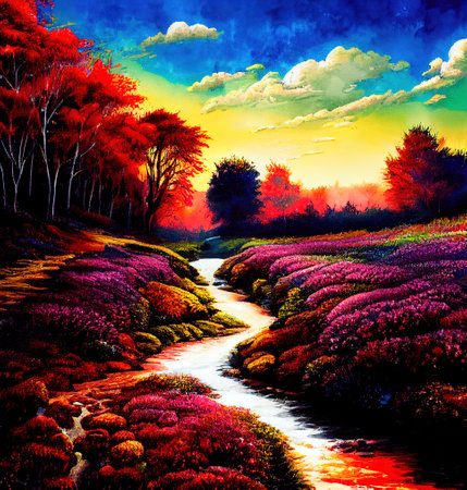 Beautiful Colorful Countryside and Cottage Illustrationの素材