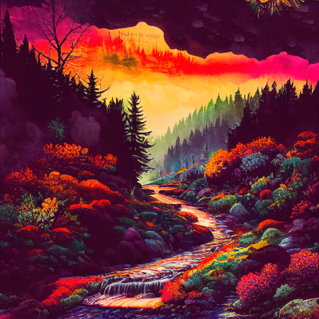 Beautiful Colorful Countryside and Cottage Illustrationの素材