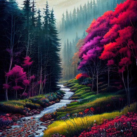 Beautiful Colorful Countryside and Cottage Illustrationの素材