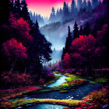 Beautiful Colorful Countryside and Cottage Illustrationの素材