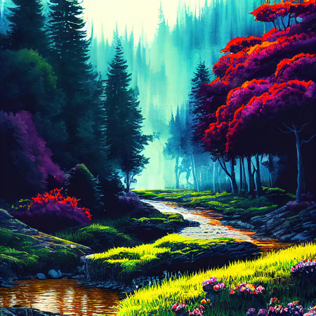 Beautiful Colorful Countryside and Cottage Illustrationの素材