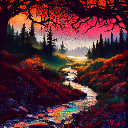Beautiful Colorful Countryside and Cottage Illustrationの素材