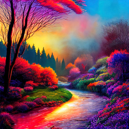 Beautiful Colorful Countryside and Cottage Illustrationの素材