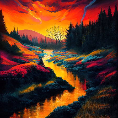 Beautiful Colorful Countryside and Cottage Illustrationの素材