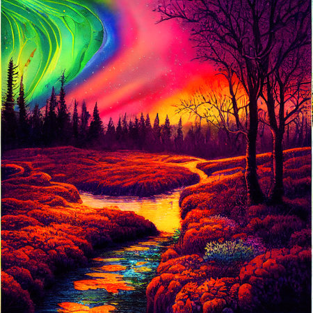 Beautiful Colorful Countryside and Cottage Illustrationの素材