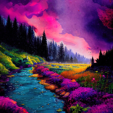 Beautiful Colorful Countryside and Cottage Illustrationの素材
