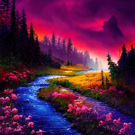 Beautiful Colorful Countryside and Cottage Illustrationの素材
