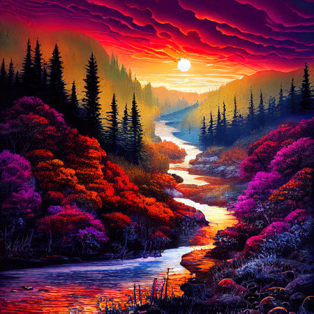 Beautiful Colorful Countryside and Cottage Illustrationの素材
