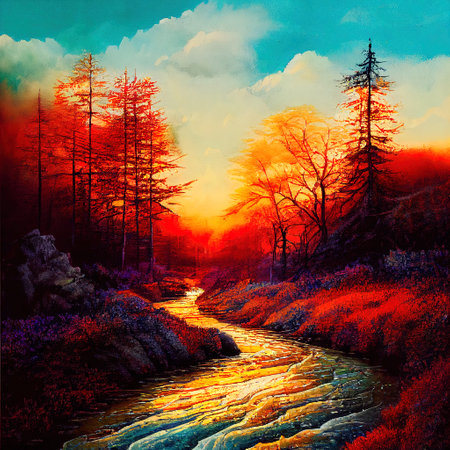 Beautiful Colorful Countryside and Cottage Illustrationの素材