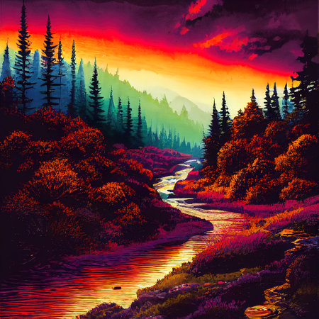 Beautiful Colorful Countryside and Cottage Illustrationの素材