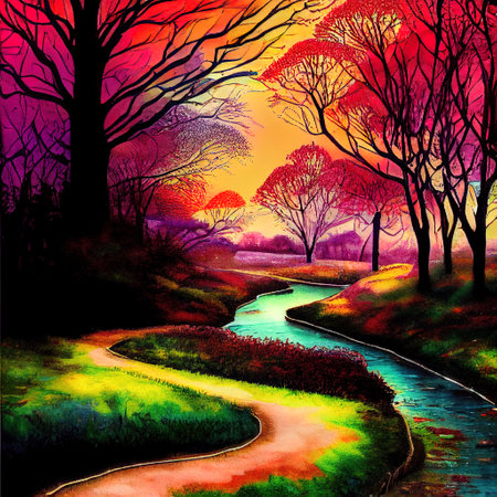 Beautiful Colorful Countryside and Cottage Illustrationの素材