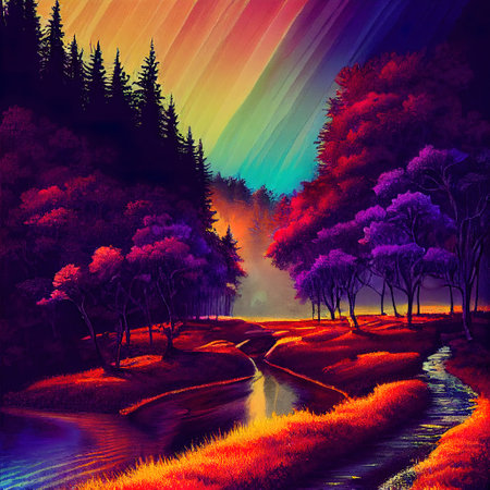Beautiful Colorful Countryside and Cottage Illustrationの素材