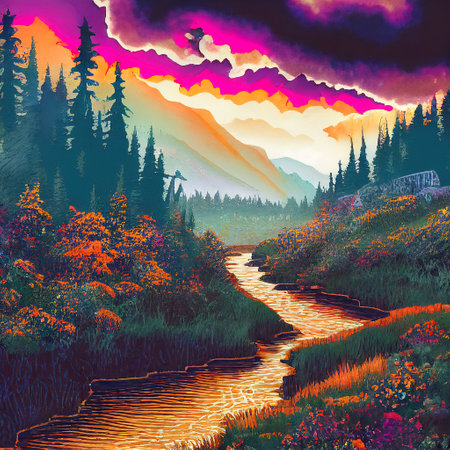 Beautiful Colorful Countryside and Cottage Illustrationの素材