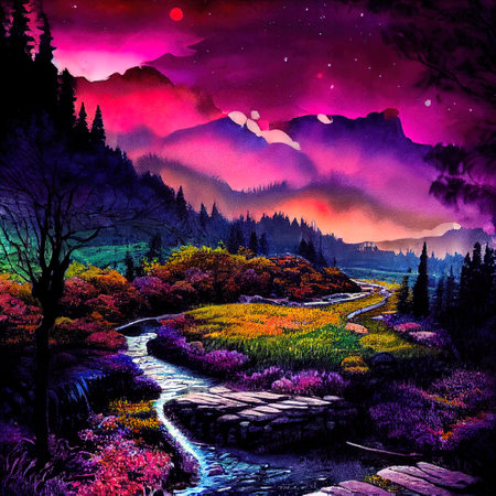 Beautiful Colorful Countryside and Cottage Illustrationの素材