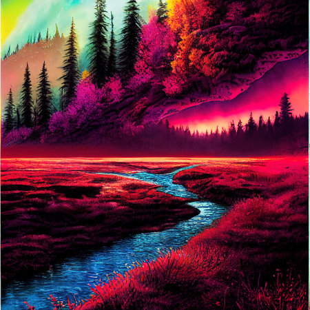 Beautiful Colorful Countryside and Cottage Illustrationの素材