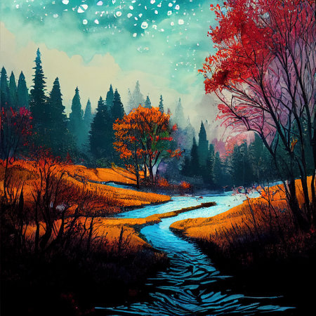 Beautiful Colorful Countryside and Cottage Illustrationの素材