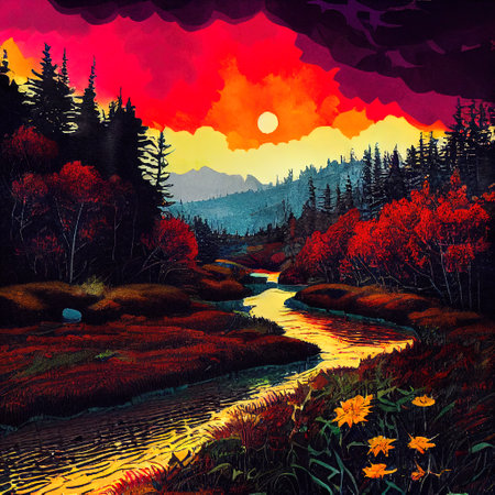 Beautiful Colorful Countryside and Cottage Illustrationの素材