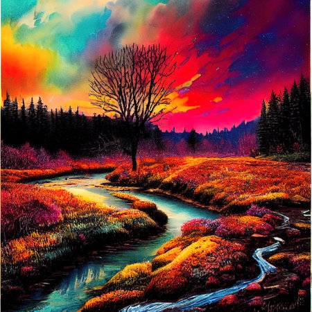 Beautiful Colorful Countryside and Cottage Illustrationの素材