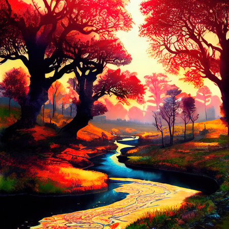 Beautiful Colorful Countryside and Cottage Illustrationの素材