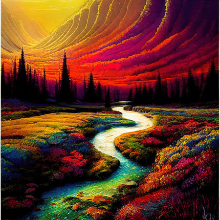 Beautiful Colorful Countryside and Cottage Illustrationの素材