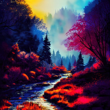Beautiful Colorful Countryside and Cottage Illustrationの素材