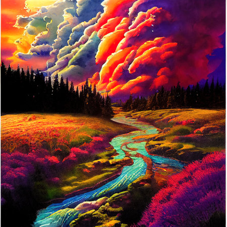 Beautiful Colorful Countryside and Cottage Illustrationの素材