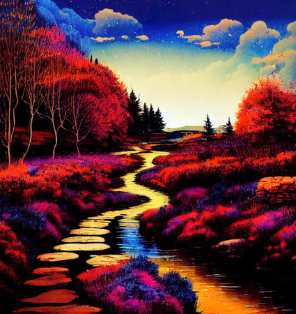 Beautiful Colorful Countryside and Cottage Illustrationの素材