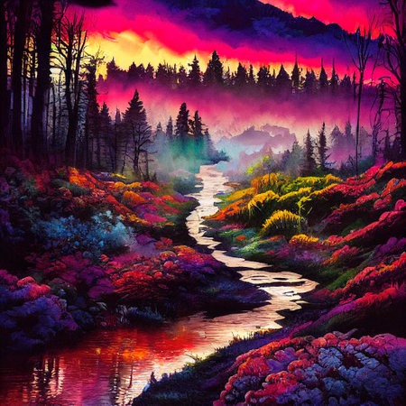 Beautiful Colorful Countryside and Cottage Illustrationの素材
