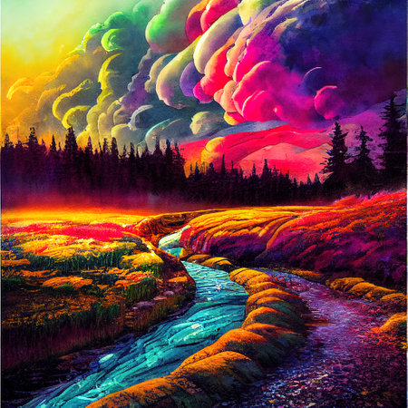 Beautiful Colorful Countryside and Cottage Illustrationの素材