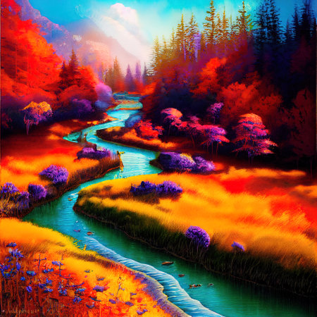 Beautiful Colorful Countryside and Cottage Illustrationの素材