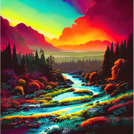 Beautiful Colorful Countryside and Cottage Illustrationの素材