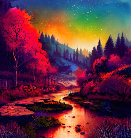 Beautiful Colorful Countryside and Cottage Illustrationの素材