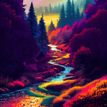 Beautiful Colorful Countryside and Cottage Illustrationの素材