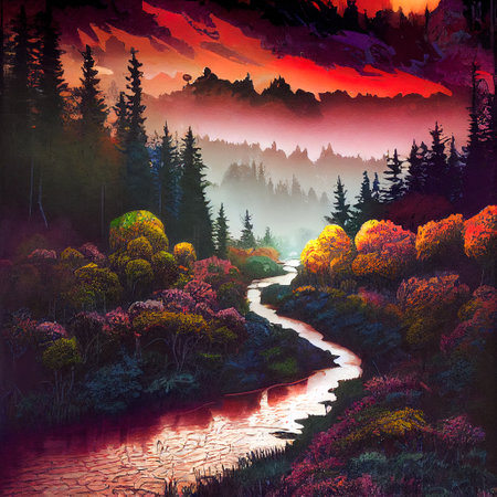 Beautiful Colorful Countryside and Cottage Illustrationの素材