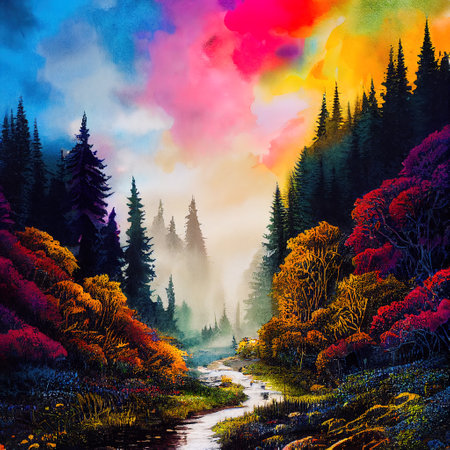 Beautiful Colorful Countryside and Cottage Illustrationの素材