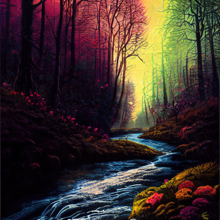 Beautiful Colorful Countryside and Cottage Illustrationの素材