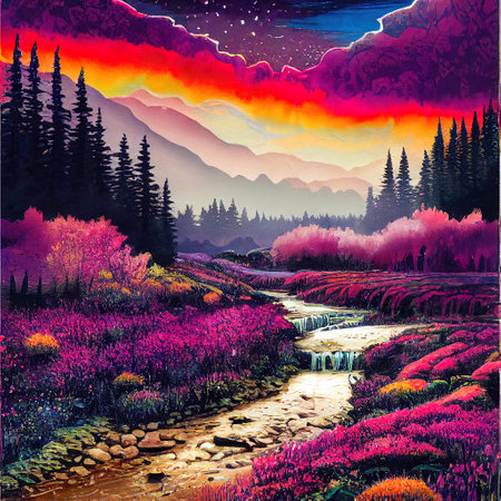 Beautiful Colorful Countryside and Cottage Illustrationの素材