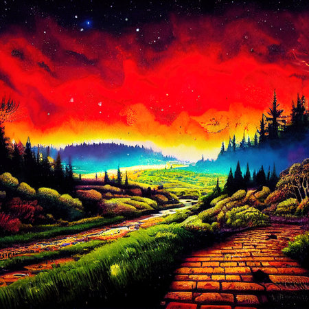 Beautiful Colorful Countryside and Cottage Illustrationの素材