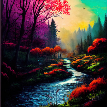 Beautiful Colorful Countryside and Cottage Illustrationの素材