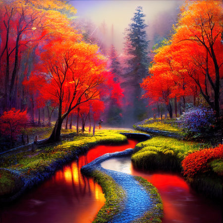 Beautiful Colorful Countryside and Cottage Illustrationの素材