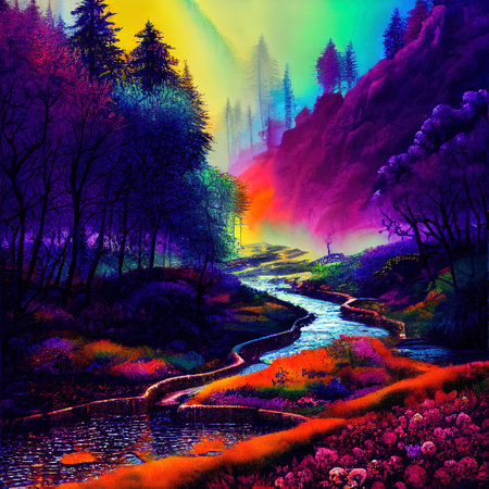 Beautiful Colorful Countryside and Cottage Illustrationの素材