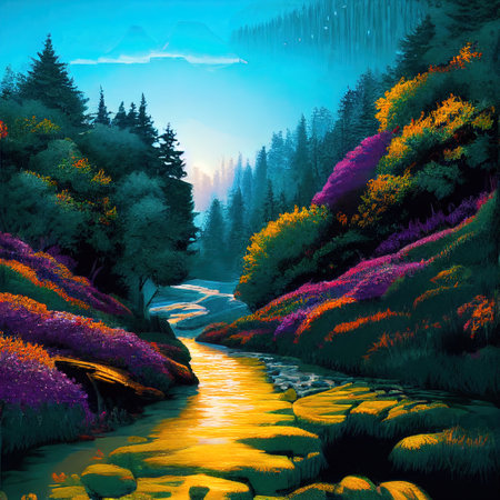 Beautiful Colorful Countryside and Cottage Illustrationの素材