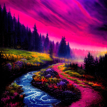 Beautiful Colorful Countryside and Cottage Illustrationの素材