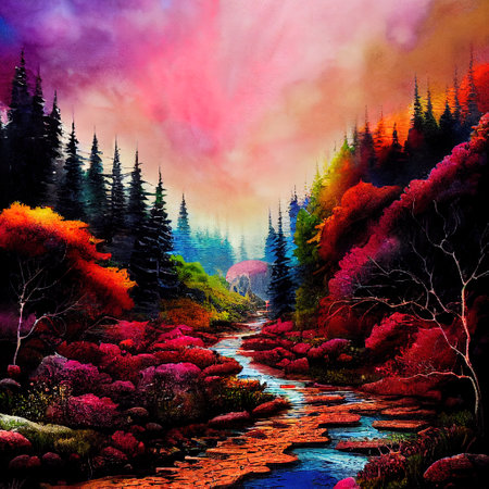 Beautiful Colorful Countryside and Cottage Illustrationの素材