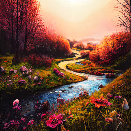 Beautiful Colorful Countryside and Cottage Illustrationの素材