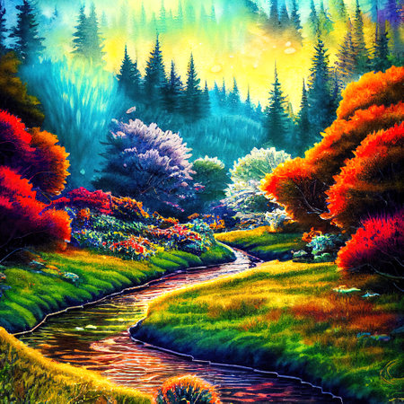 Beautiful Colorful Countryside and Cottage Illustrationの素材