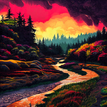 Beautiful Colorful Countryside and Cottage Illustrationの素材