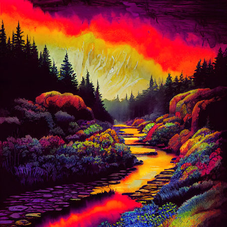 Beautiful Colorful Countryside and Cottage Illustrationの素材